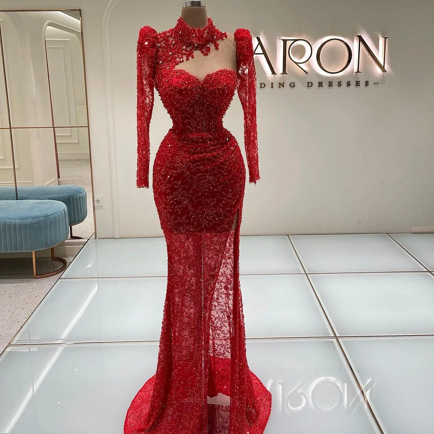 

Sparkly Red Mermaid Prom Dresses High Neck Arabic Long Sleeve Beaded Sequined Side Split Evening Dress Wear Formal Party Gowns