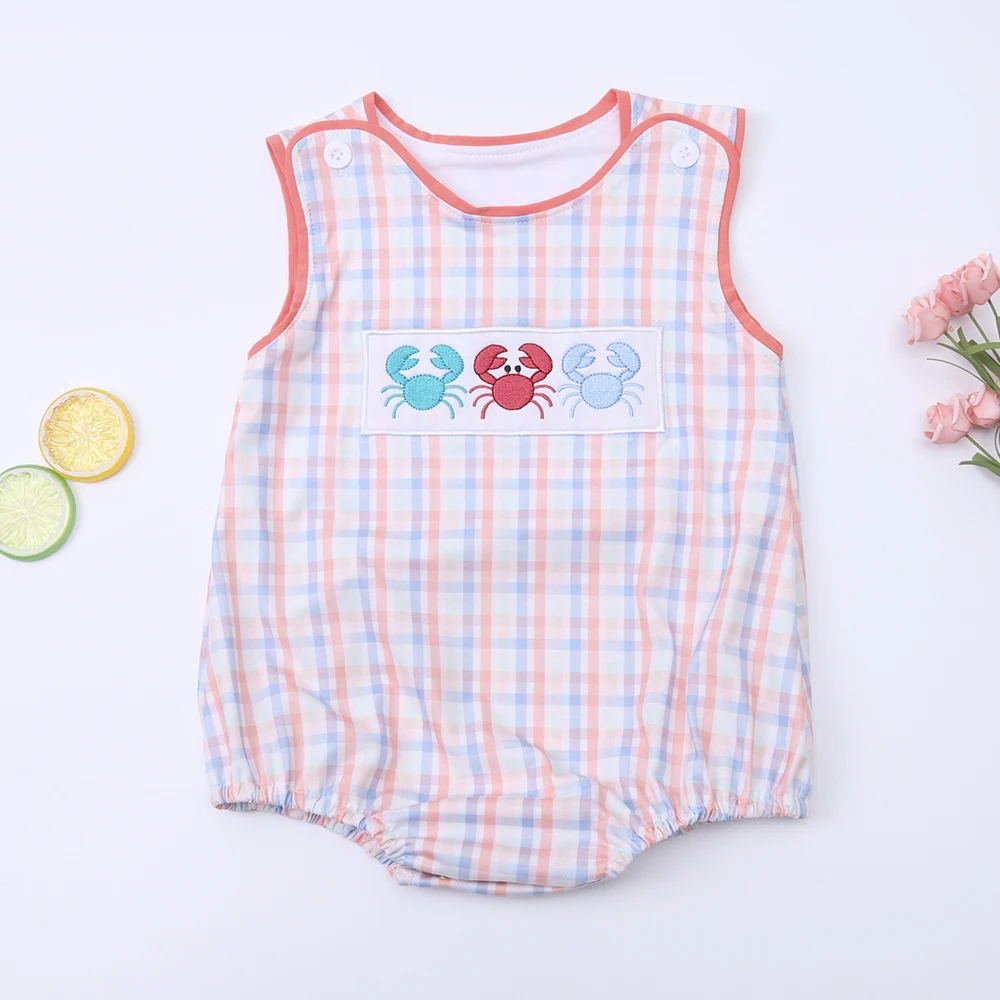 

New Arriving 0-3T Jumpsuit Baby Boy Clothes Crab Embroidery Bubble Infant Romper Sleeve Lattice Shorts Bodysuit Babi Outfits