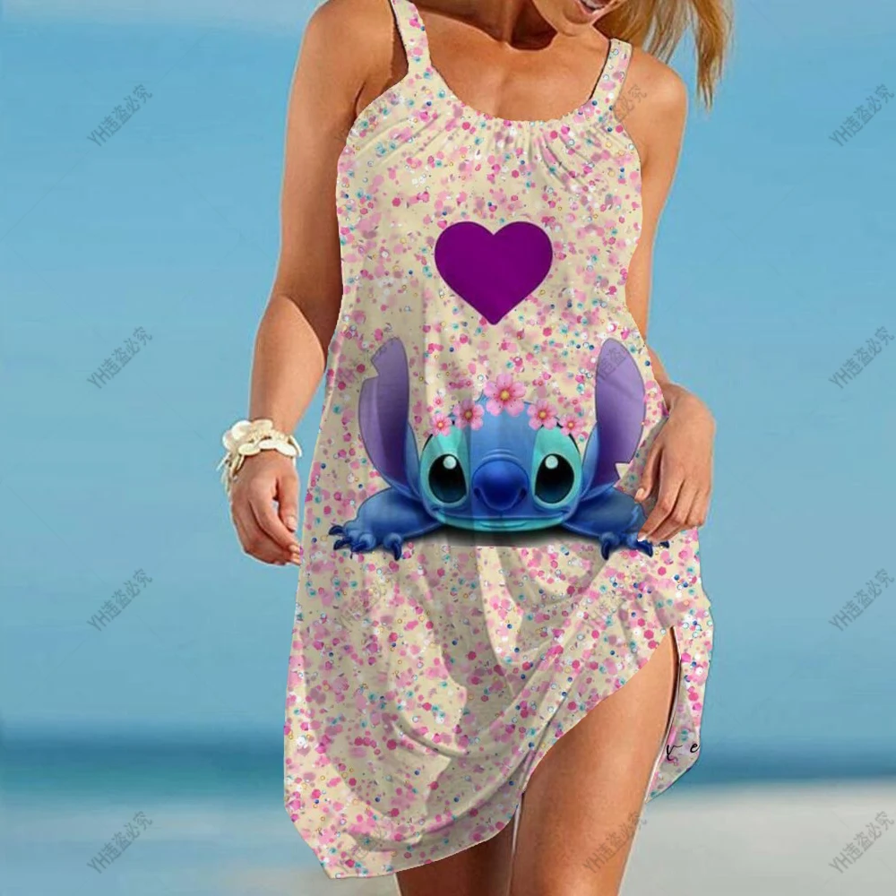 

2023 Summer Disney stitch Short Beach Dress Women Fashion Sexy Sleeveless Cute Cartoon Print Hem Loose Beach Dress Vacation
