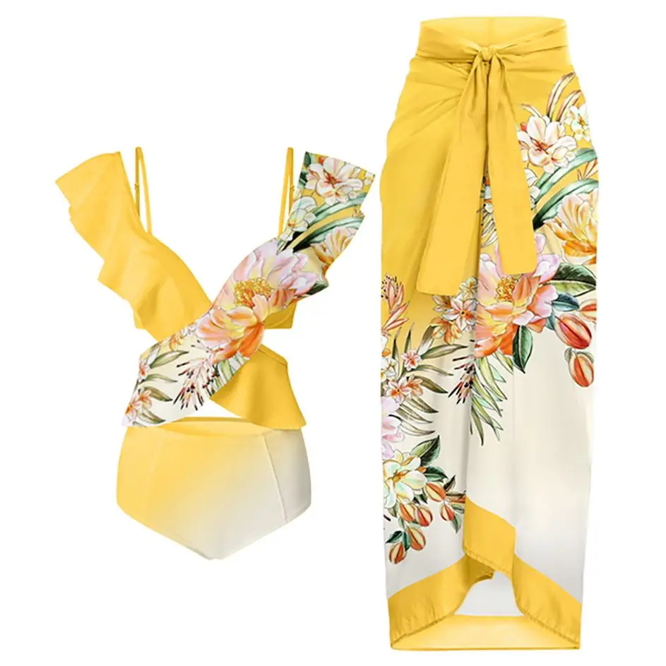 

Fashion Vintage Gradient Floral Print Ruffled One Piece Swimsuit Set High Waist Open Back Sexy Suspender Beachwear Chic Women