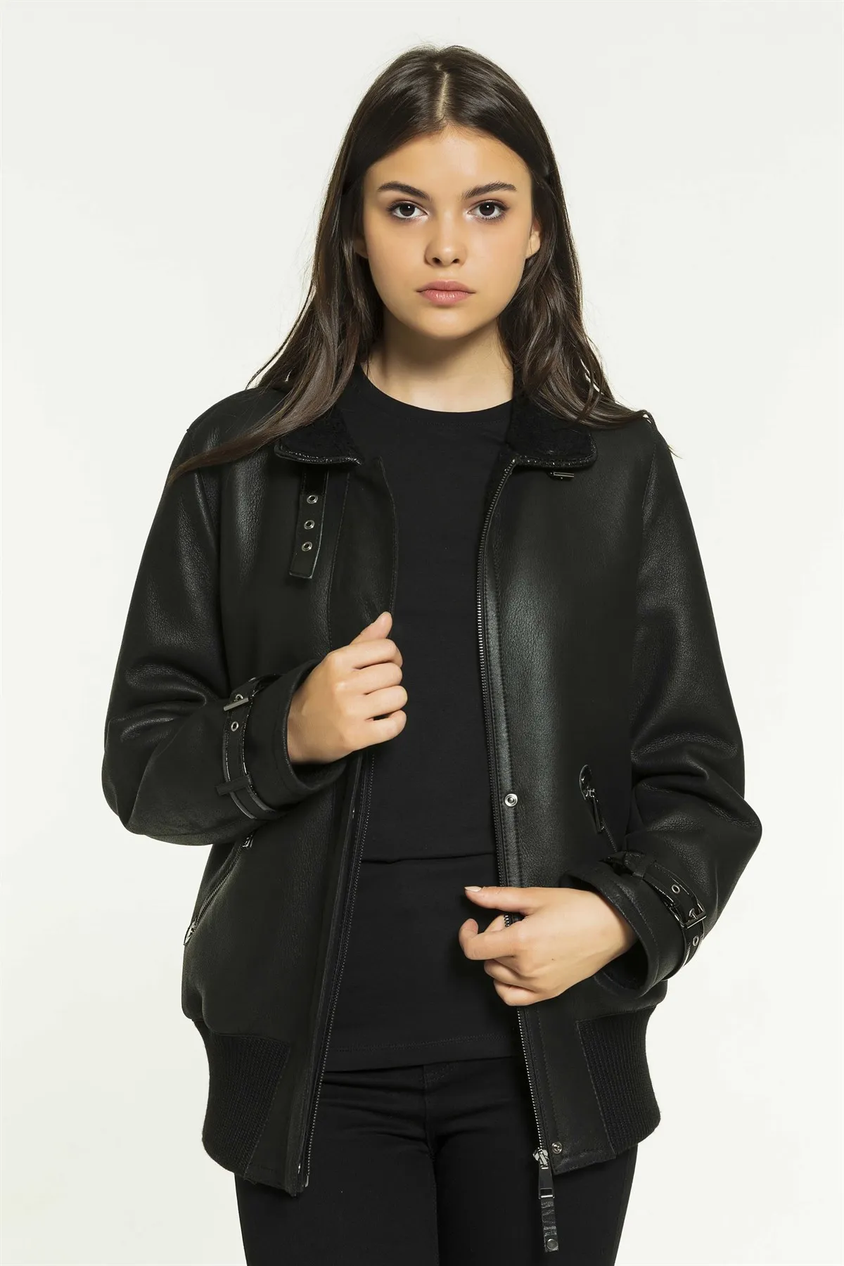 Women's College Black Shearling Leather Jacket Genuine Lambskin Biker Coat New Year Fashion Casual Wear Winter Coat Casual Wear