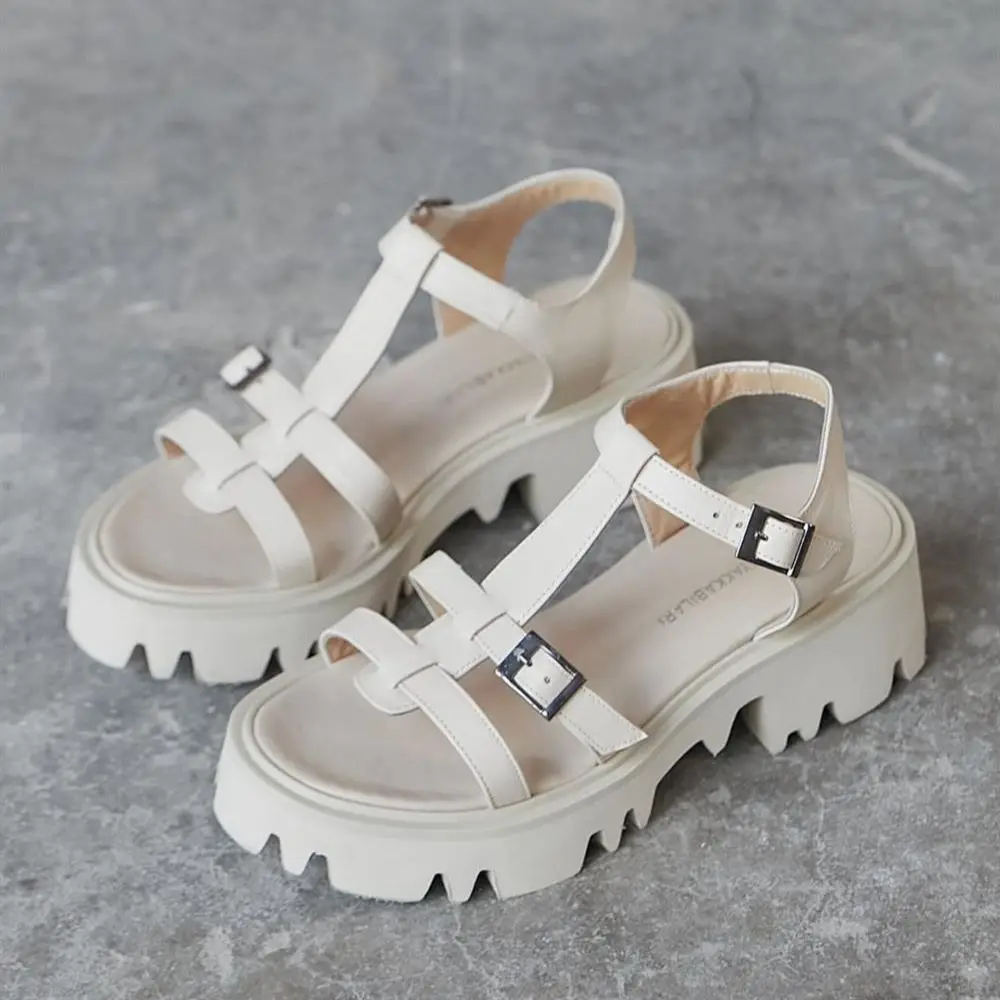 Loni Inner Exterior Genuine Leather Flat Platform Eva Light Sole Thin Striped Gladiator Sandals Beige Ecru Nude Black Summer Sh