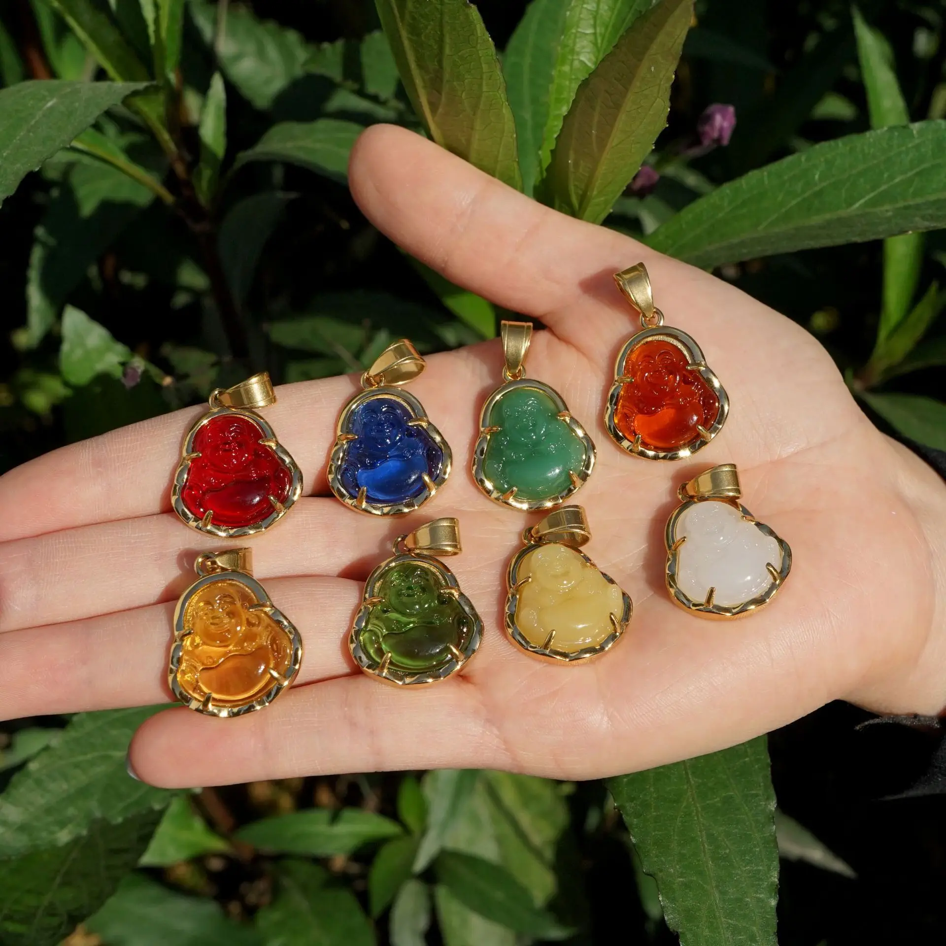 

Cute Colorful Glass Maitreya Buddha Pendant For Women Stainless Steel Base Chain Necklace Lucky Amulet Fortune Jewelry Gift