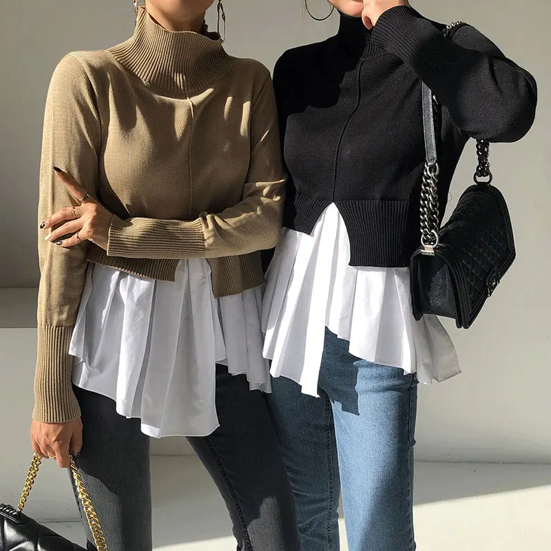 

Clothland Women Chic Knitted Spliced Blouse Turtleneck Long Sleeve Patchwork Stretchy Slim Stylish Shirt Sweater Tops LA599