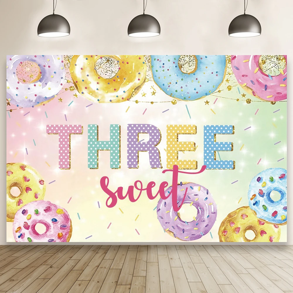 

Girl 3rd Birthday Backdrop Three Sweet Donut Theme Baby Shower Birthday Party Photography Background Photo Studio Banner