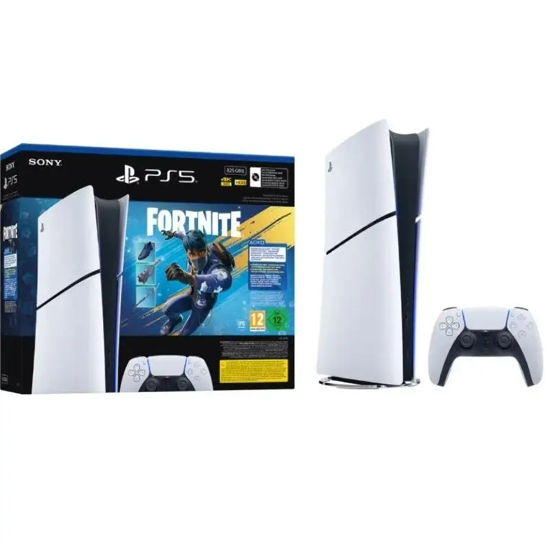 PlayStation 5 digital console 825GB with DualSense controller and Fortnite Flowering Chaos bundle, featuring a sleek design, ray tracing technology, and gaming up to 120 fps, perfect for an immersive gaming experience.