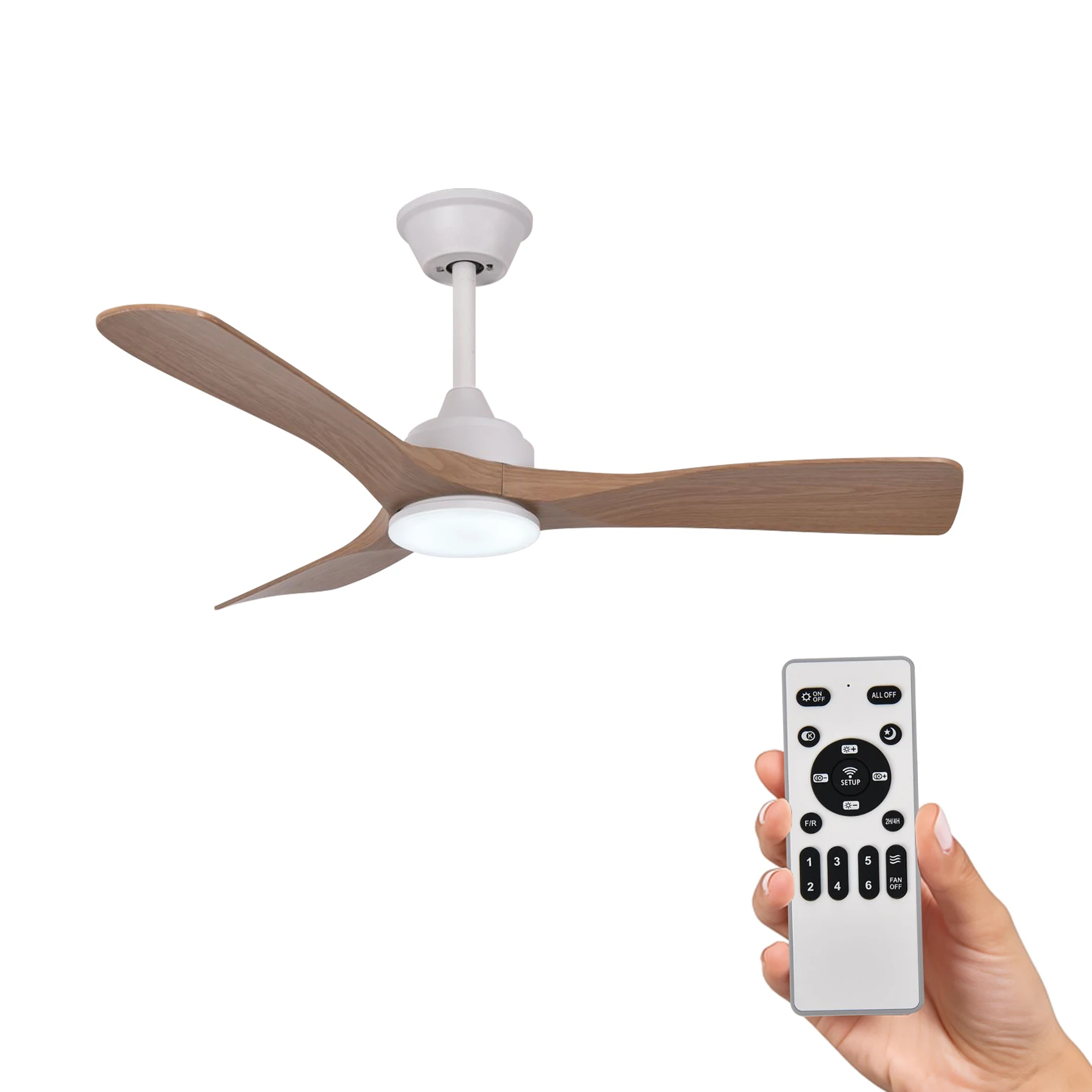 52-Inch Ceiling Fan with Light, DC Motor, ABS Blades, Remote Control, 6 Speeds, 3 LED Colors for Living Room, Modern Wood Finish, Ideal for Large Spaces