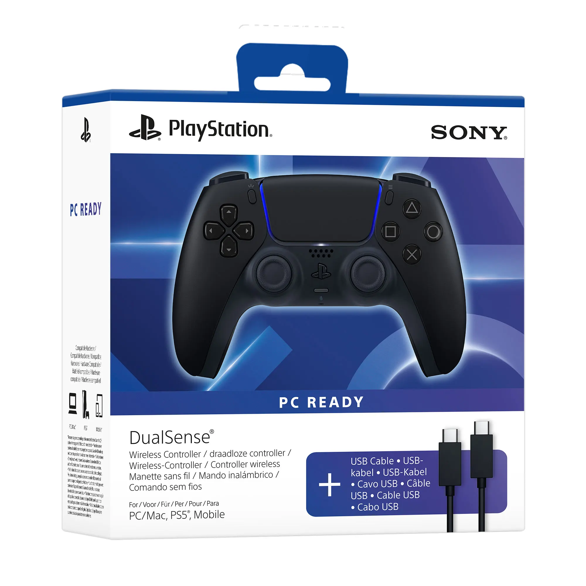 DualSense Midnight Black Wireless Controller for PS5/PC/MAC with USB-C Cable, featuring haptic feedback and adaptive triggers for immersive gaming experiences, compatible with various devices, lightweight design.