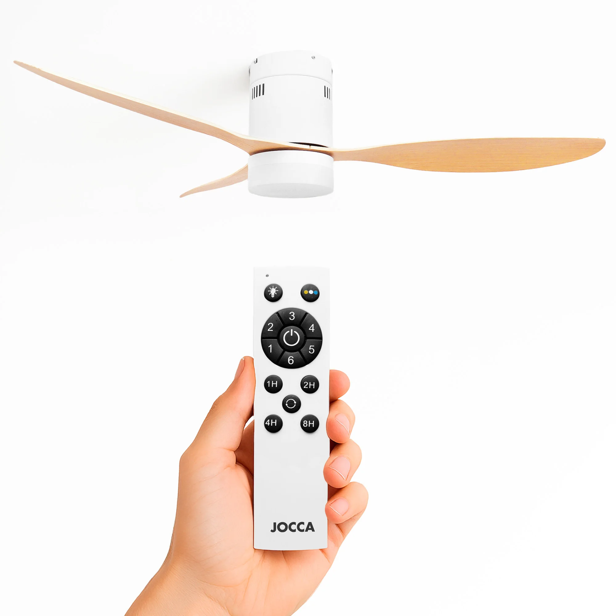 Jocca ceiling fan with modern white design, 18w led light, 3 abs blades with a diameter of 132 cm, 40w silent dc motor, 6 speeds, timer up to 8 hours with remote control. Ideal for home and office