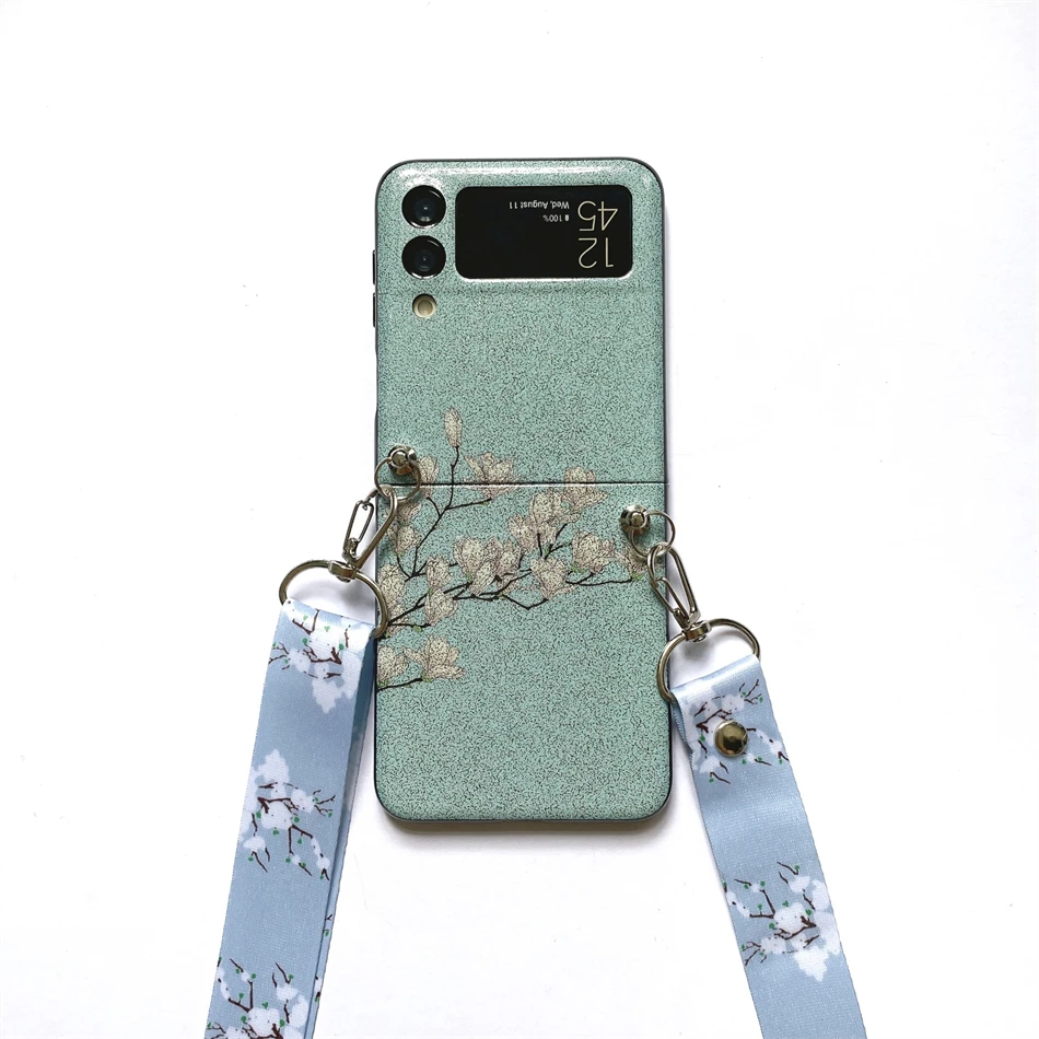 Luxury Business Mint Green Glitter Plum Dark Blue Diagonal Bag Phone Case for Samsung Galaxy Z Flip3 5G Strap Soft Back Cover
