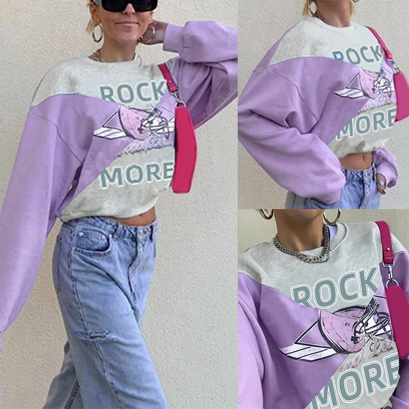 

Fashion Autumn Oversized Graphic Printing Patchwork Tops E-Girl Vintage Crewneck Bawting Sleeve Crop Sweatshirts