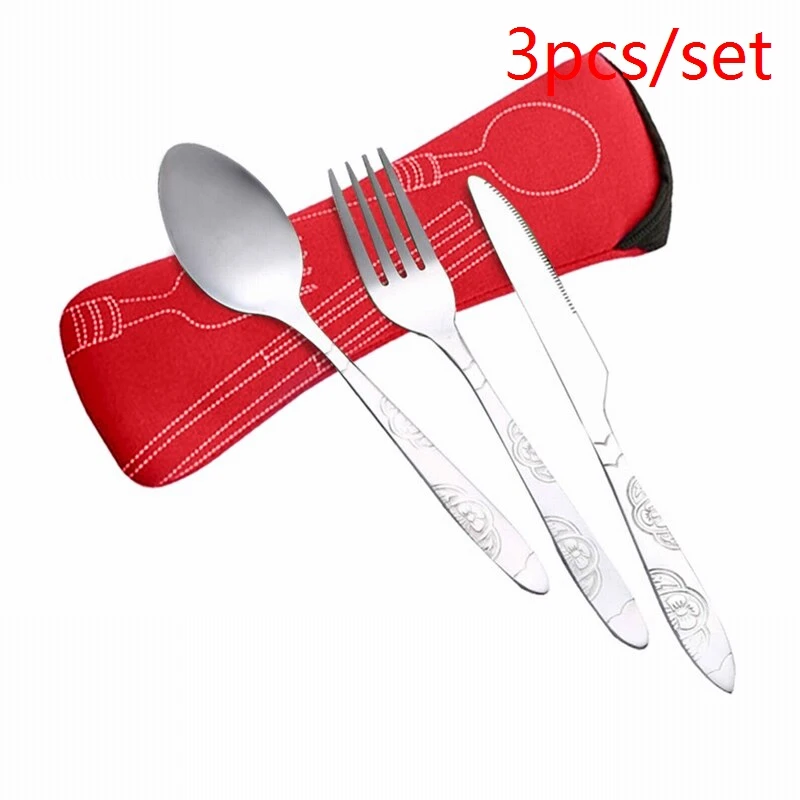 red 3pcs 3 шт./6 шт./компл. Портативный Нержавеющая сталь набор столовых приборов цветок картина вилка ужин набор посуды домашней утвари посуды сумка - Цвет: red 3pcs
