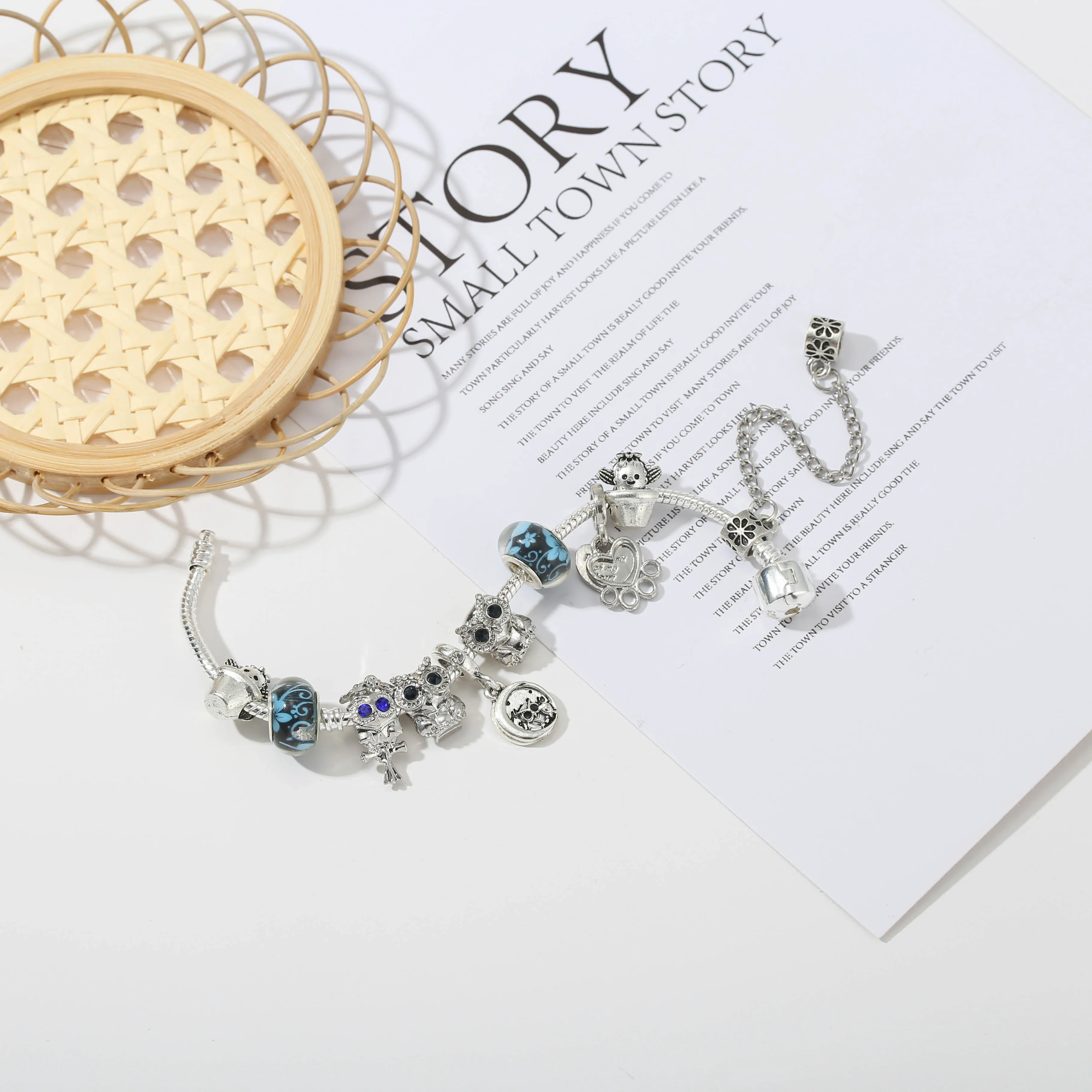 

New Arrival Silver Color Crystal Lovely Owl Pendant Charm Bracelets With Cactus Beads Brracelets For Women Men Jewelry Gift