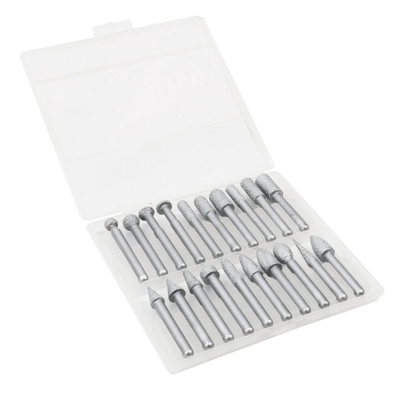 

20Pcs Diamond Grinding Head Set Rotary Burrs Abrasive Lapidary Carving Tools for Stone Shank 6mm 1/4inch Grit