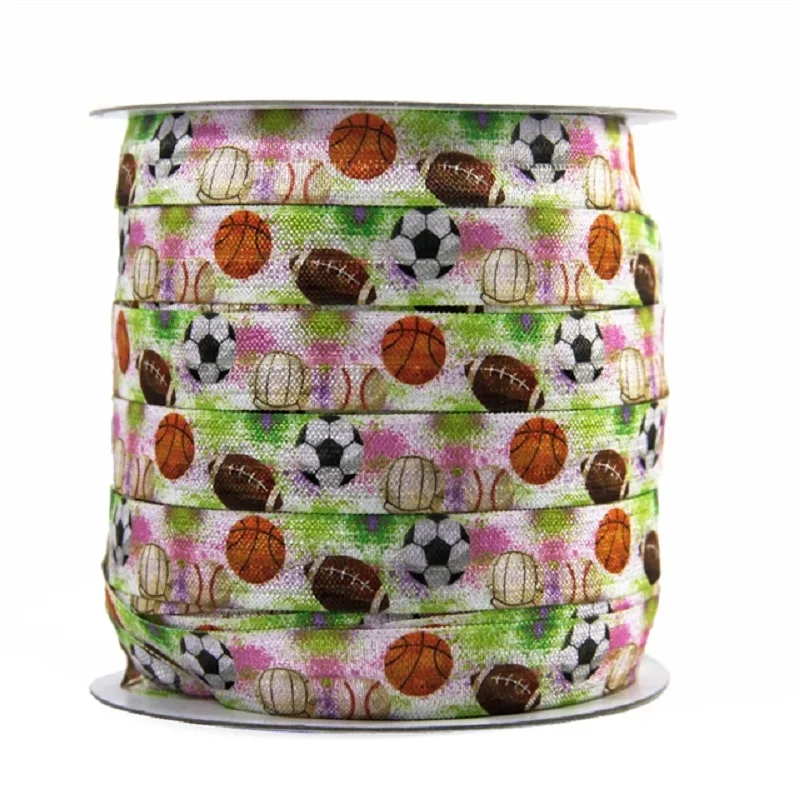 

50yards 5/8" 16mm Sports Printed Fold Over Elastic FOE Ribbon for DIY Hairbows Hair Tie Accessories