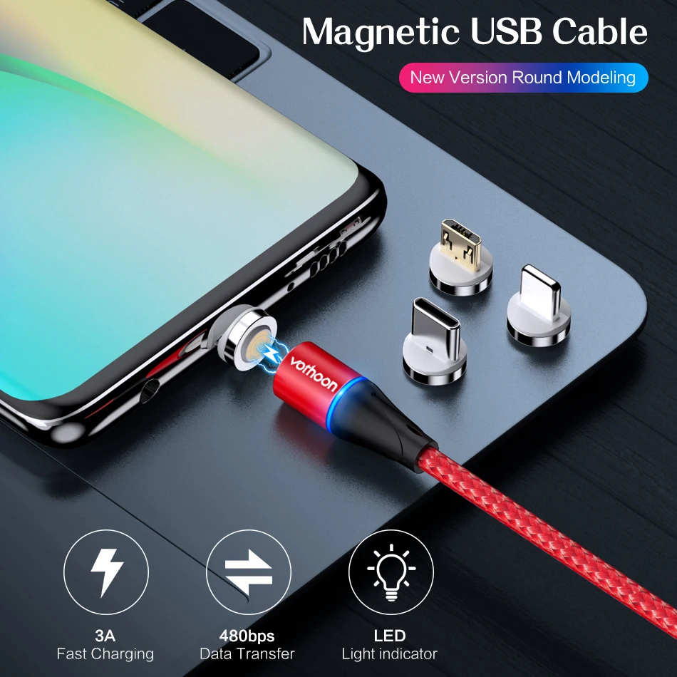 Магнитный usb-кабель votoon 2 м, 3 А, быстрая зарядка, Micro USB type-C кабель для iPhone 11 Pro, samsung S10, Xiaomi, магнитное usb-зарядное устройство