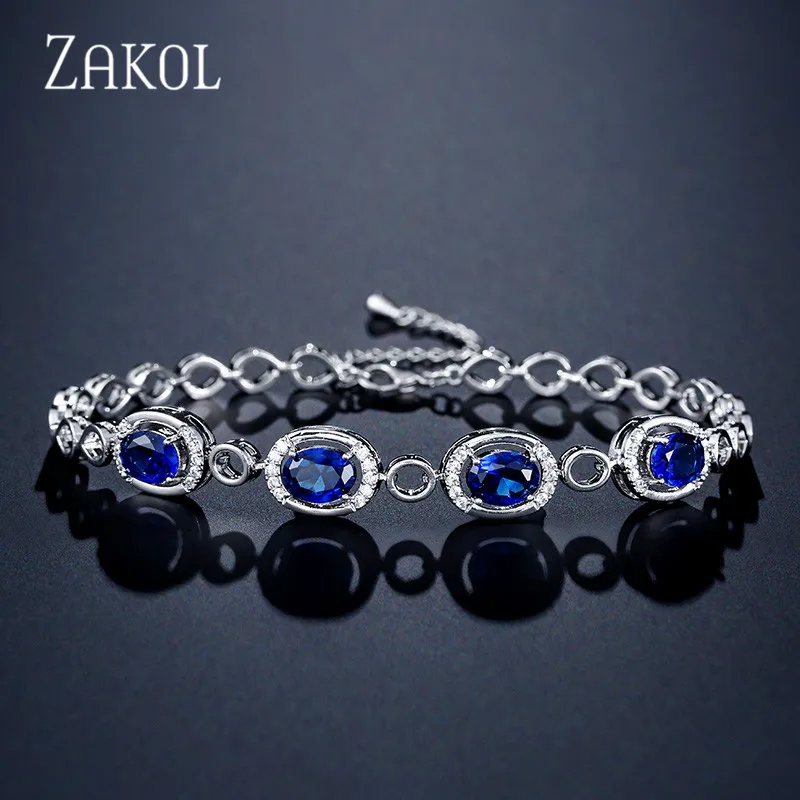 Blue ZAKOL, модные, синие, зеленые, овальной формы, кубический цирконий, звенья цепи, браслеты для женщин, свадебные, вечерние, свадебные ювелирные изделия FSBP2116 - Окраска металла: Blue