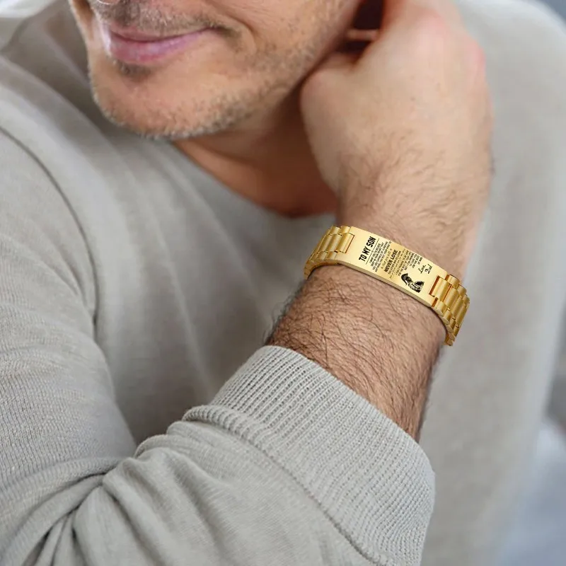 

Personalized Men Bracelet Stainles Steel In Gold Color Custom Text TO MY SON Mens Accessories