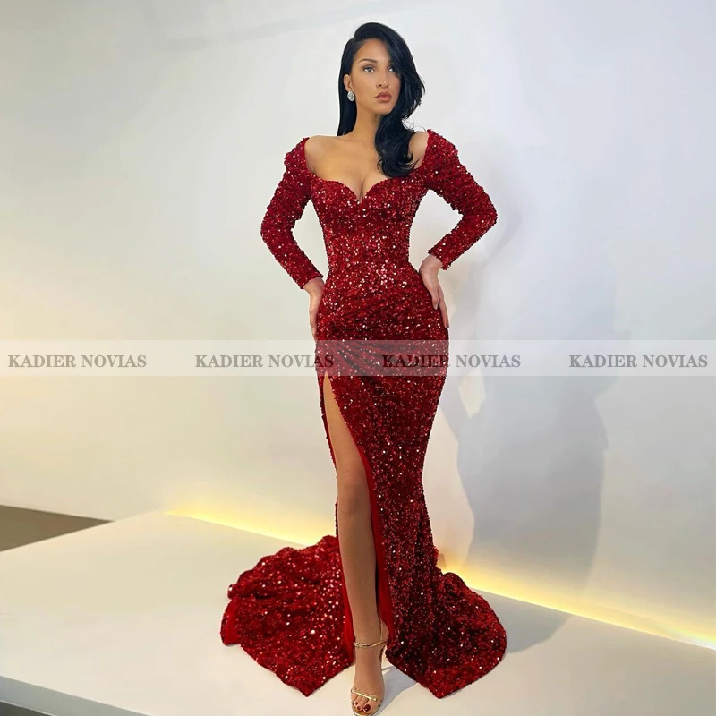 

Женское вечернее платье с длинным рукавом Kadier Novias, бордовое вечернее платье с блестками и высоким разрезом, 2021