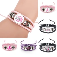 new breast cancer awareness bracelet for women pink ribbon charm leather rope bangle fashion handmade hope jewelry