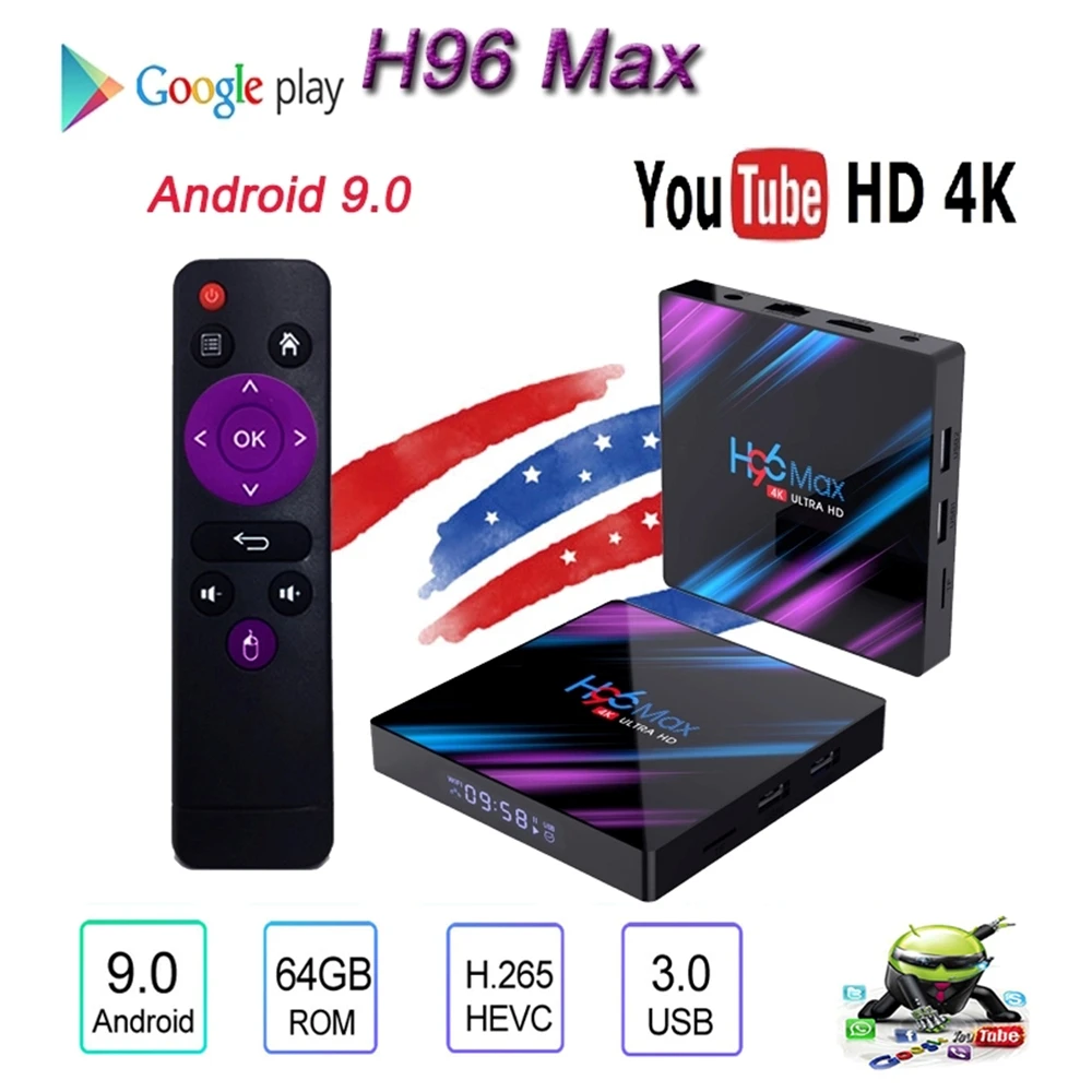 Смарт ТВ-приставка H96 MAX 9 0 на Android 4 Гб + 64 ГБ беспроводная приставка IPTV 4K USB Wi-Fi 2. Для