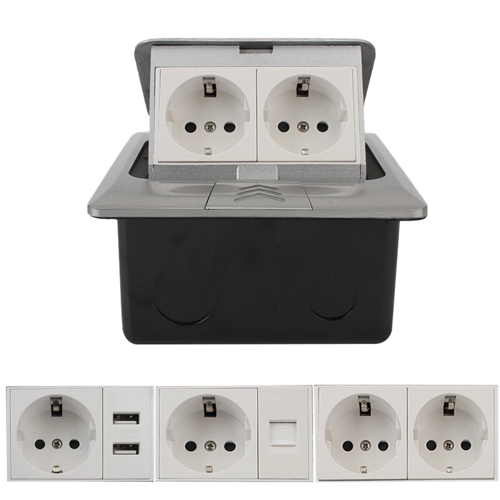 

USB RJ45 Internet Outlet Europe Standard Socket Pop-Up Floor Socket 2 Way Power Outlet Aluminum Alloy Box Waterproof 250V 16A