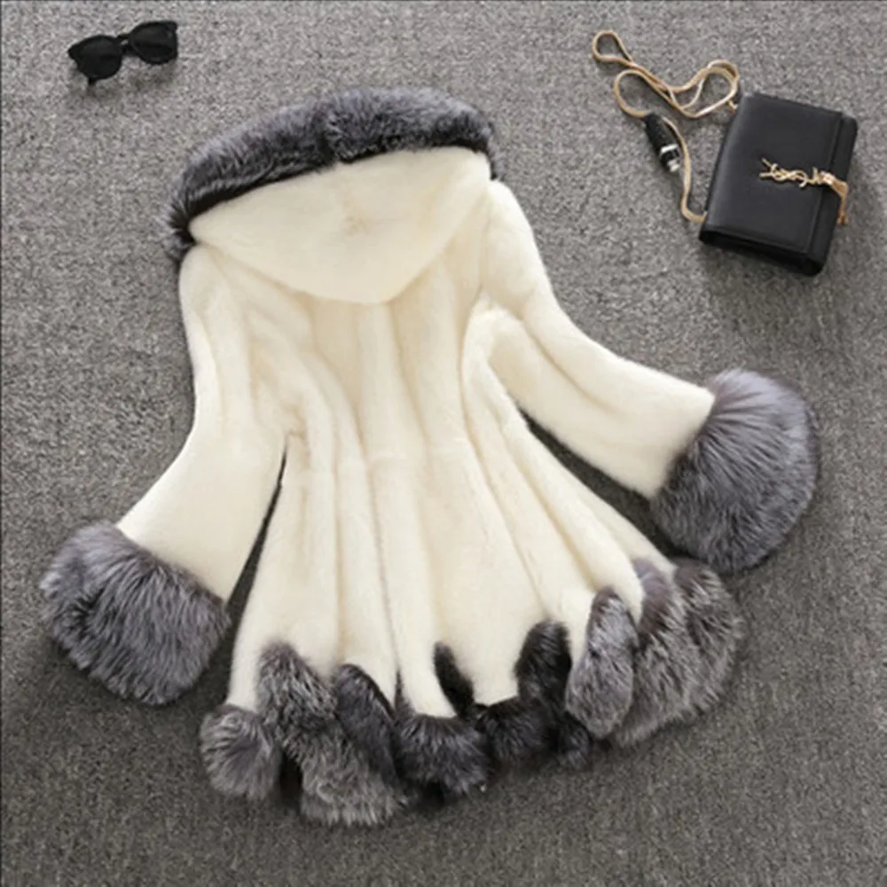 Women's Wear Real Fur Coat Gorgeous Women's White Black Mink Winter Thick Hooded Fur Jacket Long Sleeves Warm Fur Coat In Stock