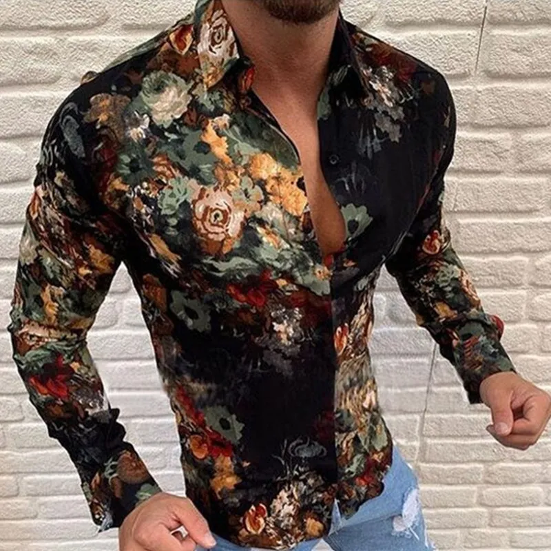 Men's Spring Autumn Large Size S-3XL Black Floral Casual Fashion Slim Roll-Neck Cardigan Long Sleeve Shirt