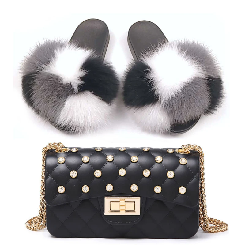 

Women Fox Leather Slippers High-End Fluffy Slipper Bags Fox Leather Slippers Fashion Lady Rhinestone Bags Real Fur Slippers