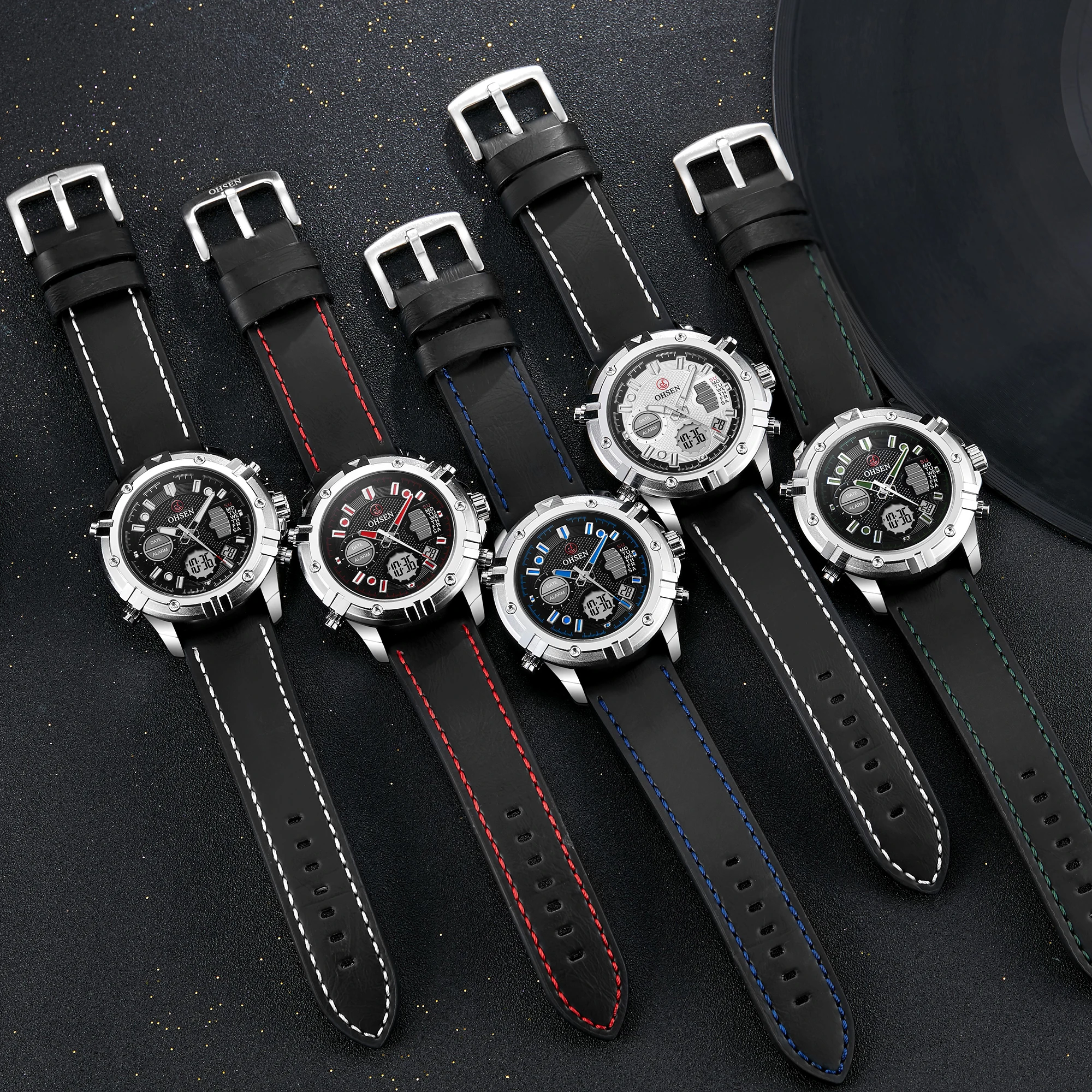 

OHSEN Watch Men Fashion Quartz Watches Leather Strap Sport Quartz Wristwatch Chronograph Clock Male Creative Design Dial Relogio