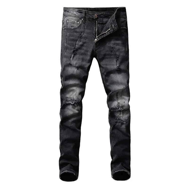 American Streetwear Fashion Men Jeans High Quality Retro Black Gray Slim Fit Ripped Jeans Men Designer Hip Hop Denim Punk Pants