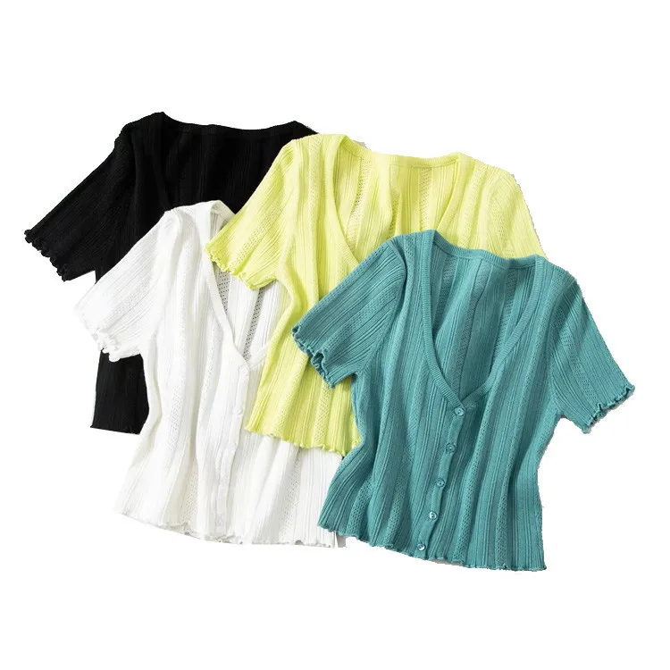 

Temperament sexy short open navel cardigan T-shirt summer slim fashion women's ear edge top shirts for women graphic tee