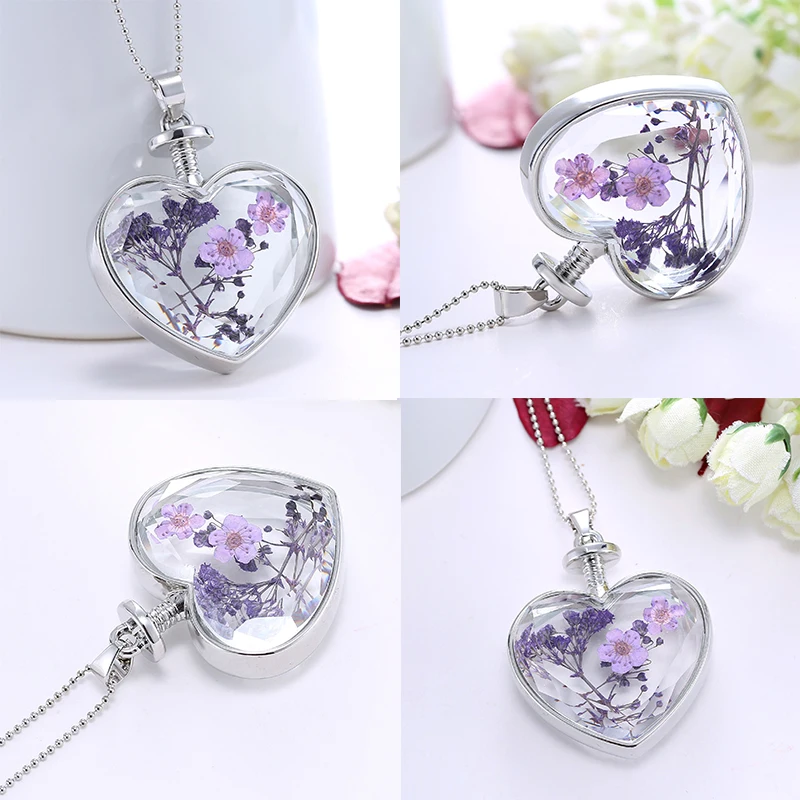 

Heart Shaped Dried Flower Necklaces Korean Womens Long Gold Beads Chain Colorful Round Pendant Necklace Jewelry For Girls