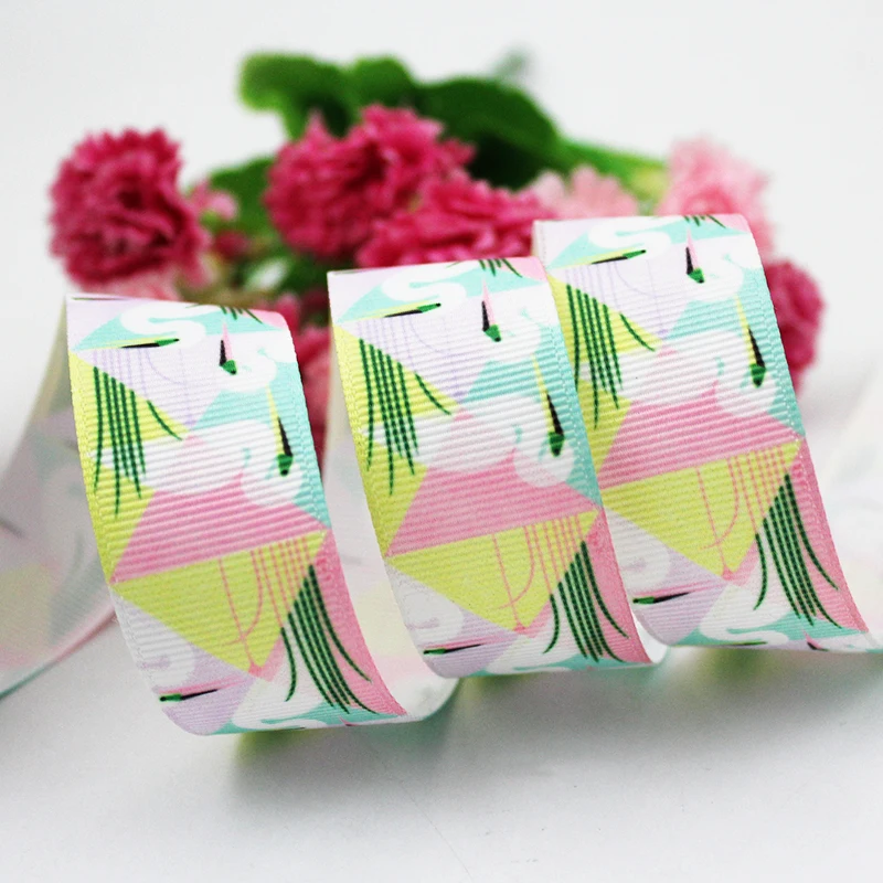 

Cartoon geometry flamingo printed grosgrain ribbon 9-75mm DIY handmade materials christmas wedding gift wrap tape ribbons