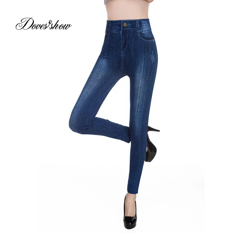 Модные тонкие женские леггинсы из искусственной лосины джинсовой ткани
