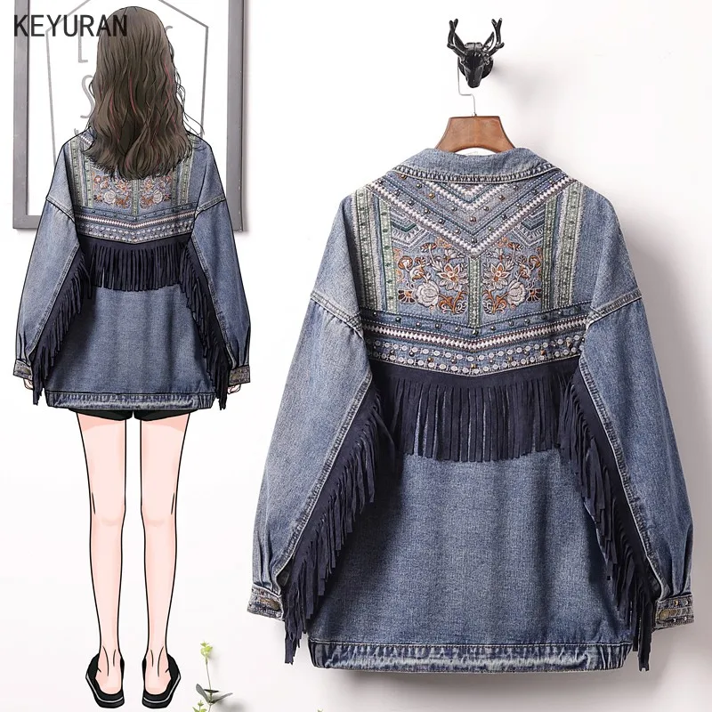 Женская джинсовая куртка большого размера с вышитыми цветочными заклепками и