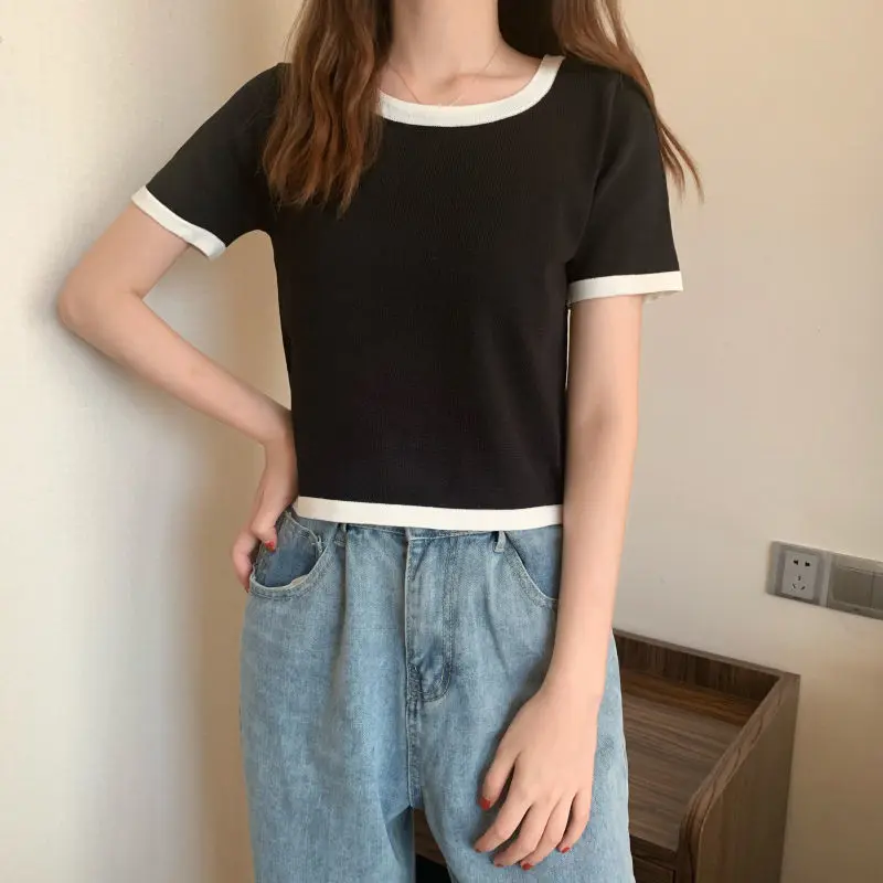 

Woman TShirts Knitwear Summer 2021 Black Short-Sleeved Short Top for Women Crop Top Mujer Camisetas