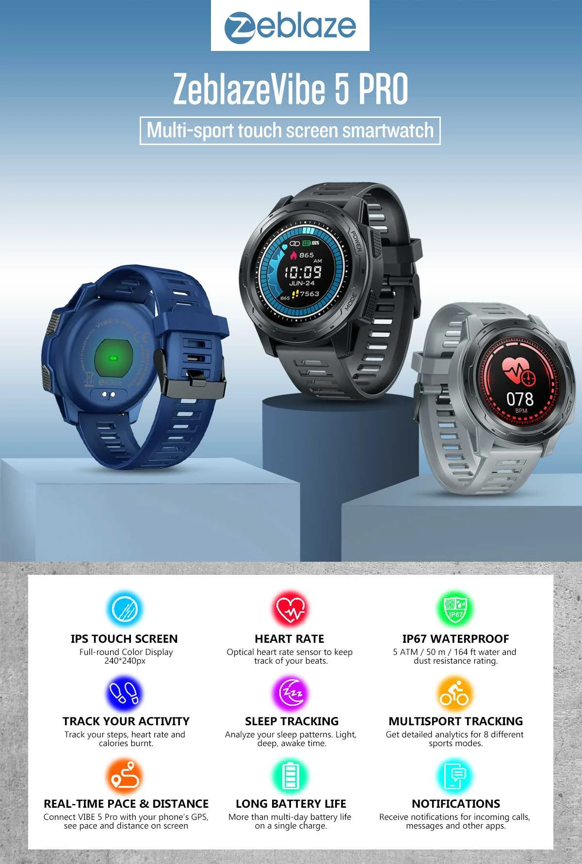 Смарт-часы Zeblaze VIBE 5 PRO, пульсометр, IP67, bluetooth, много видов спорта, отслеживание, смартфон, уведомления, водонепроницаемые, умные часы для мужчин