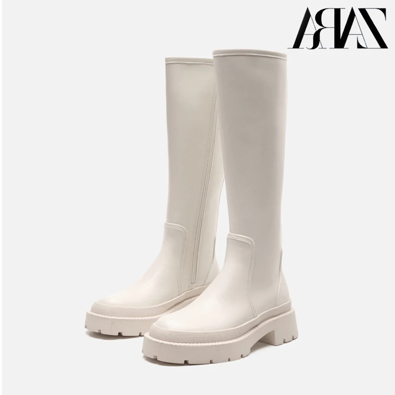 Женские высокие сапоги без застежки ZA теплые плюшевые до колена на массивном