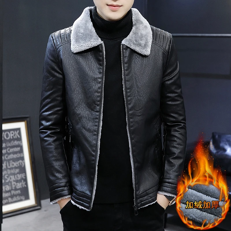 Мужская зимняя кожаная куртка мотоциклетная с подкладкой и бархатным