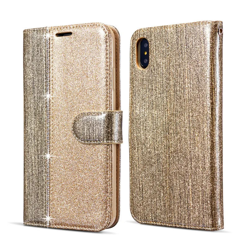 Золотой Блестящий Алмазный флип-чехол для iPhone 7 Plus 6 6S 8 11 Pro XS Max XR 8Plus 7 Plus iPhone11 кожаный бумажник-книжка блестящий чехол - Цвет: Золотой
