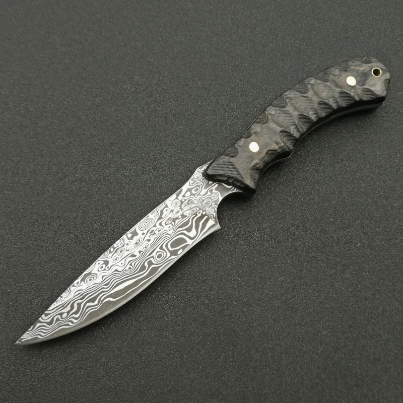 Нож DuoClang для активного отдыха с лезвием из стали Дамаск 440С и рукояткой из микарты, фиксированным лезвием для выживания в дикой природе с кожаным чехлом.