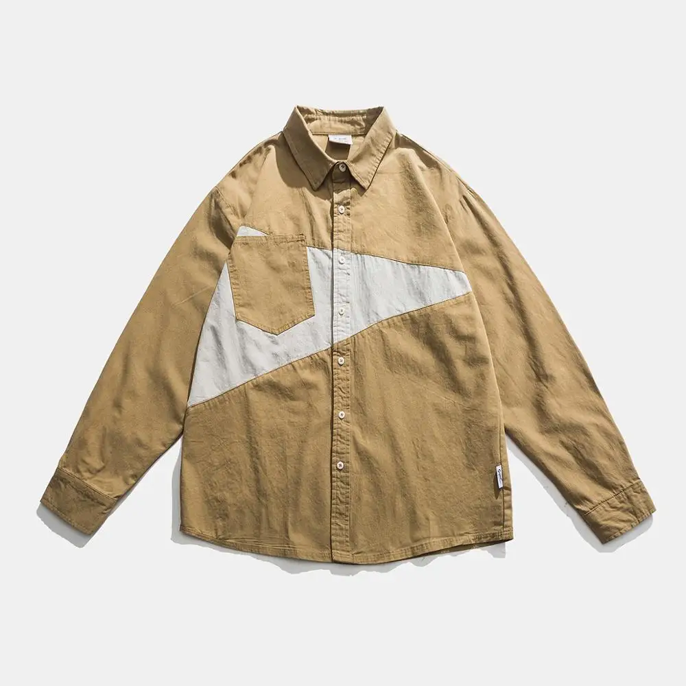 Мужская хлопковая рубашка с длинным рукавом и карманами в японском стиле весна