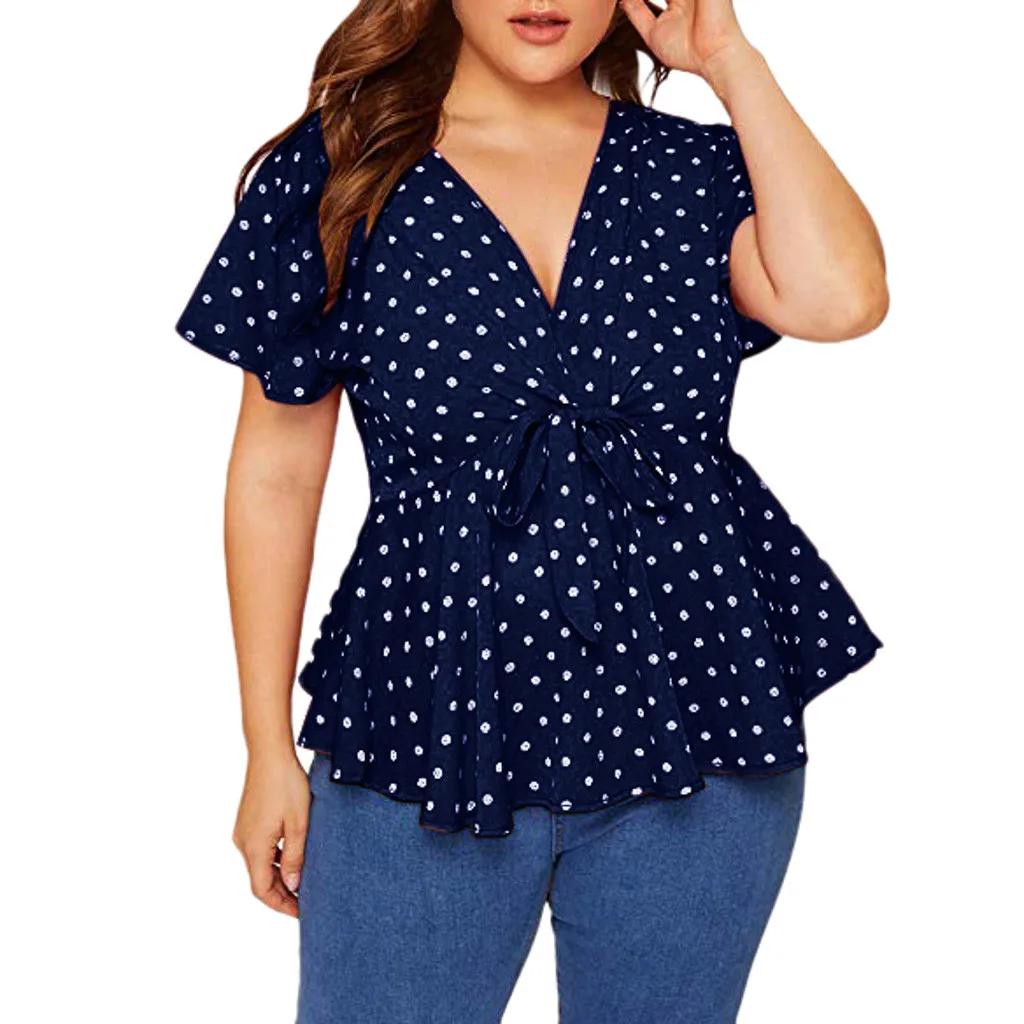 

Women's Large Size V Neck Short Sleeve Shirt Top Polka Dot Knot Front Womens Tops and Summer Blouse Roupas Feminina Blusas
