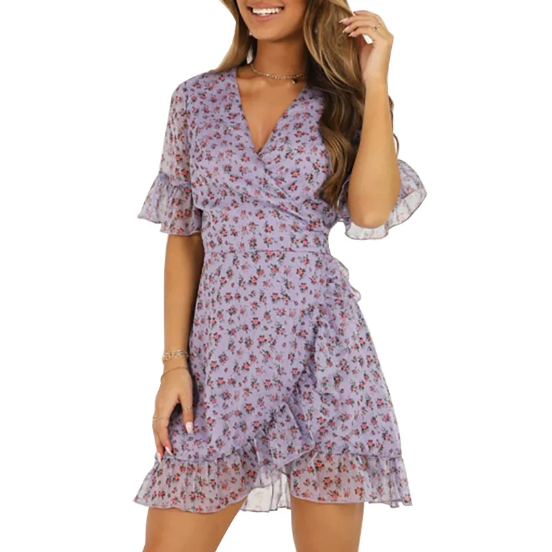 

Hot Selling Summer Chiffon Floral Print Dress V-neck High Waist Sashes Young Lady Dress Women Ruffles Cute Pretty Trendy Dress