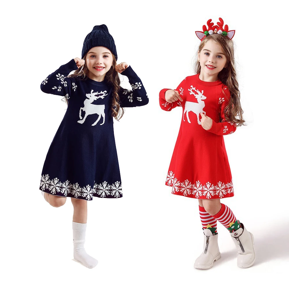 Girls Christmas Dress Long Sleeve Autumn Winter Knitted Sweater Cartoon Deer Print Kids Princess 2-8 Years | Мать и ребенок