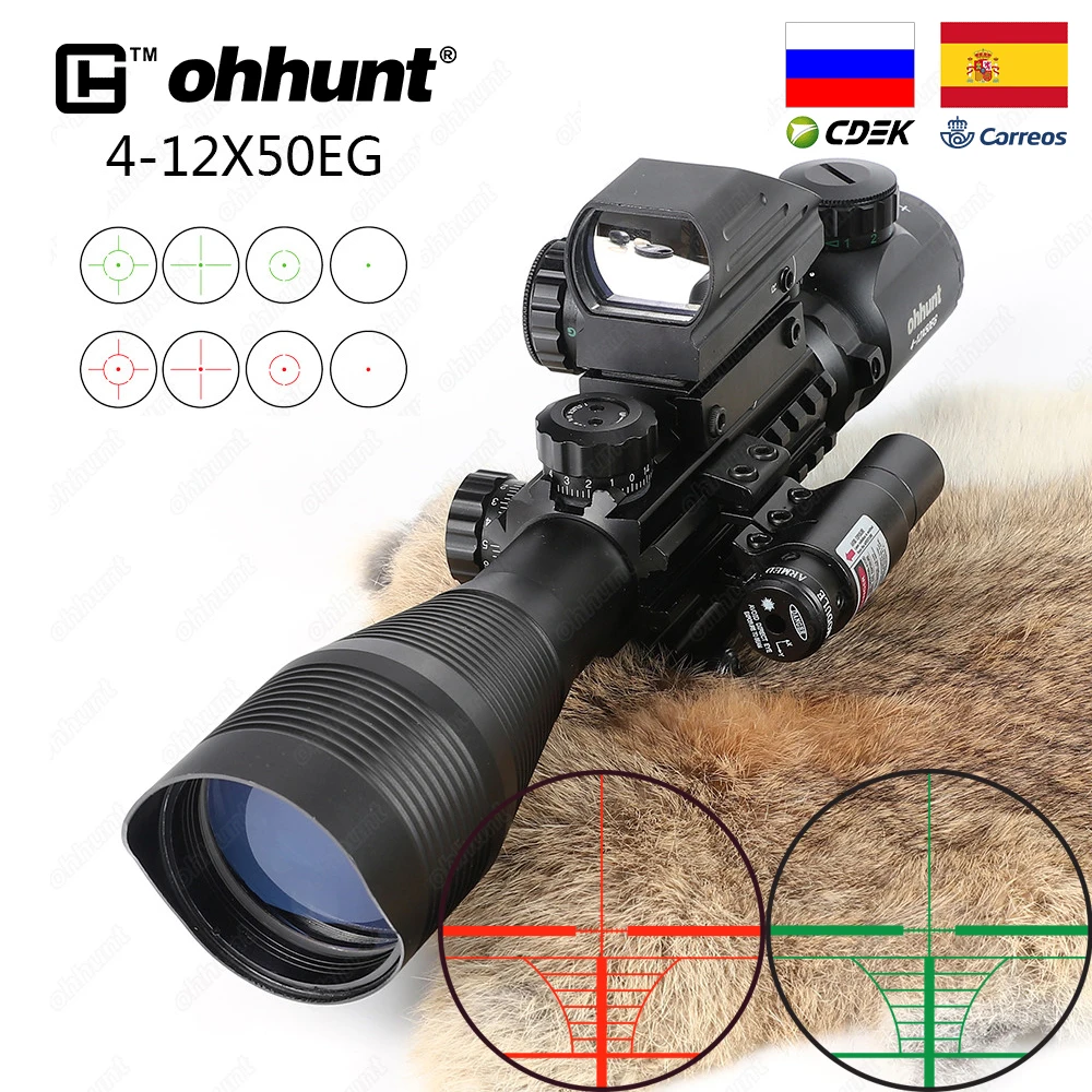 

Ohhunt 4-12X50 Illuminated Rangefinder Reticle Rifle Scope Holographic 4 Reticle Sight 11mm and 20mm Red Laser Combo Riflescope