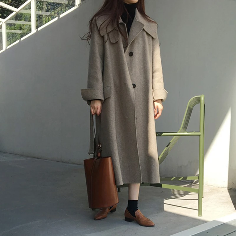 

New Korean version of manual hand-stitched high-end women's woolen coat, double-sided woolen coat, loose and simple, elegant