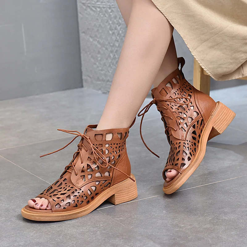

Genuine Leather Ladies Sandals Female Openwork Flat Beach Shoes Brown Color Summer Daily Women Sandals Casual Sandalias De Mujer