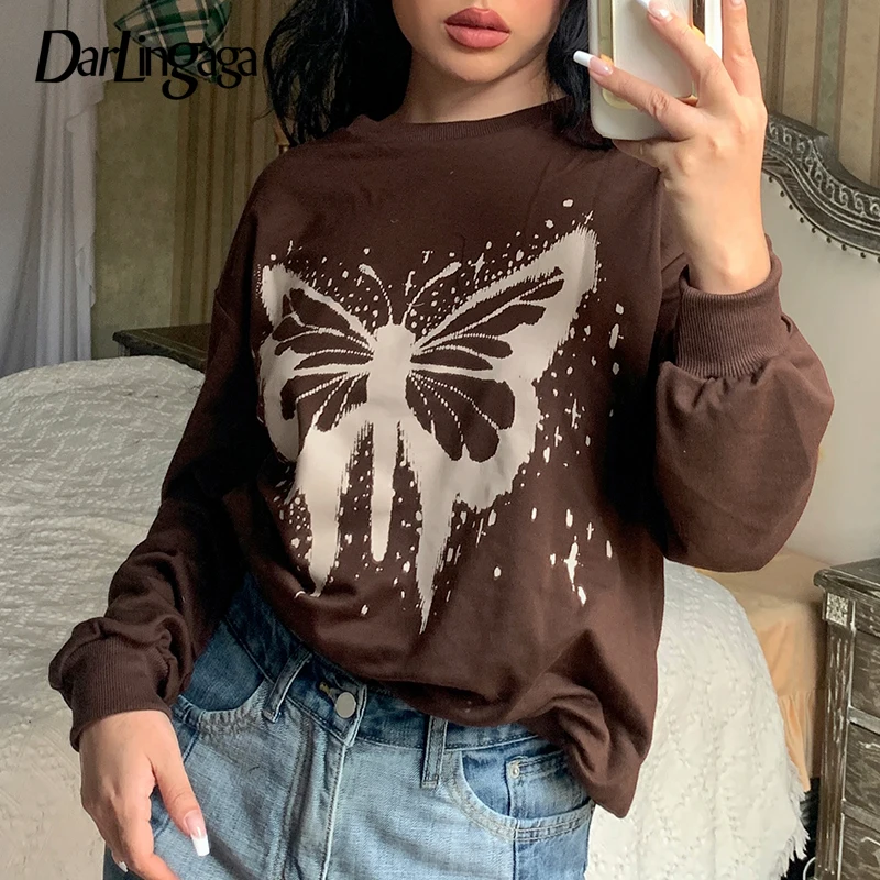 

Darlingaga Harajuku Butterfly Printed Sweatshirt Women Tops Casual Loose Cute Spring Pullover 2000s Aesthetic Jumpers Korean New